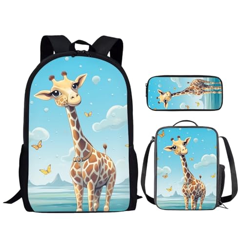 Sac d'école filles garçons avec sac à déjeuner isotherme et trousse de rangement Girafe 2