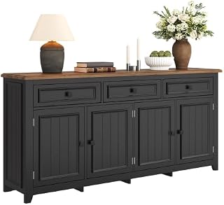 vutizal Sideboard black 160 cm, chest of drawers modern with 4 doors and 3 drawers, sideboard with height-adjustable shelves and 7 compartments storage, TV bench for living room, 160 x 35 x 76 cm