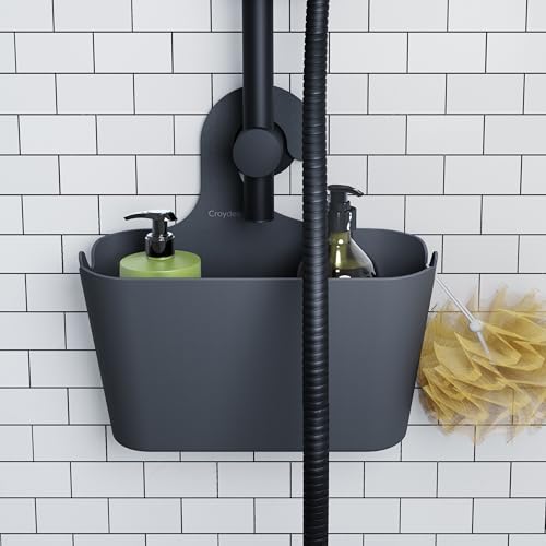 Croydex Grey Shower Caddy Hanging Storage - Bathroom Accessories for Renters No Drill Solution Self-Draining Holes and Easy to Clean - 26 x 26 x 8.5 cm