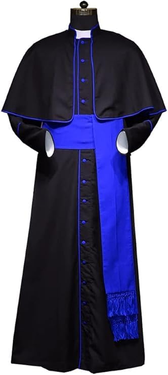 BARGAIN MEGHASHOP Men's Roman Cassock Robe WithTrim Clergy Pulpit Long Cassock Church Uniform Catholic Robe Coaplay Costume Size-(S-6XL) (Black-blue Trim, Medium)