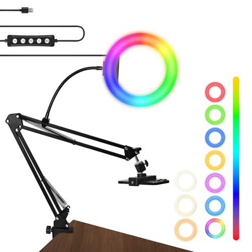 Overhead Camera Mount with Ring Light, 8" RGB Light with Overhead Phone Mount Compatible with iPhone Camera Webcam, Articulating Arm Phone Mount for YouTube Live Stream Cooking Nail Video Re