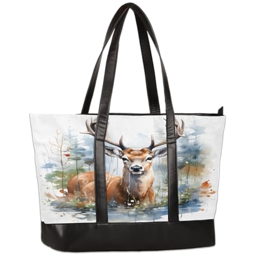 Deer Pattern Laptop Tote Bag for Women 15.6 Inch Lightweight Computer Shoulder Purse Bag with Compartment for Work Travel Laptop Organizer Handbag