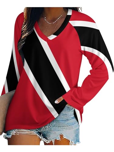 Blusa Y Camisas De Manga Larga para Mujer con Cuello En V, Camiseta De Estilo Casual Elegante Ajustada Oversized Deportiva Fiesta Franjas De La Bandera De Trinidad Y Tobago Túnica Tops Mangas