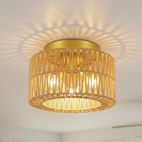Popity home Boho 3-Light Farmhouse Rattan Ceiling Light, Gold Flush