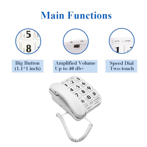 JeKaVis Telefone com fio JF11W de botão grande para telefones idosos amplificados para pessoas com d