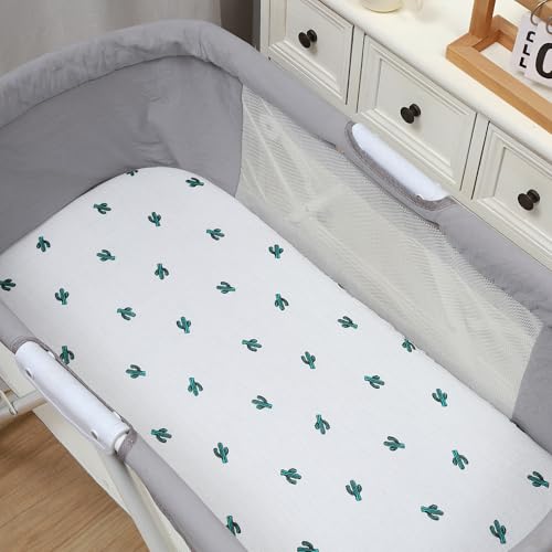Image of Onacosht Muslin Bassinet Sheets 3 Pack, 35 inchx20 inch, Green Floral Cactus