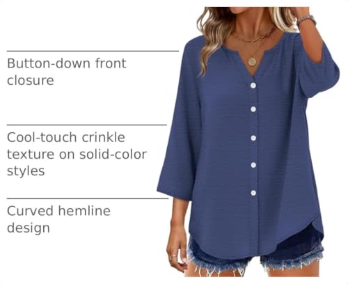 Image of OFEEFAN Button Down Shirts for Women 3 /4 Length Sleeve Tops V Neck Blouses Business Casual Outfits Loose Fit
