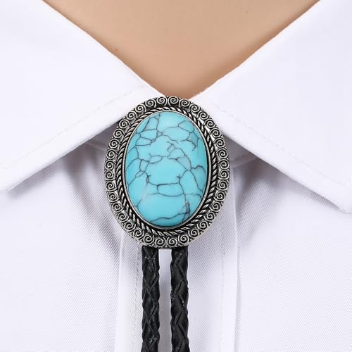 Image of AZORA Western Cowboy Bolo Tie Men Leather Necktie Leather Cord Turquoise Stone Bolo Ties for Men Women