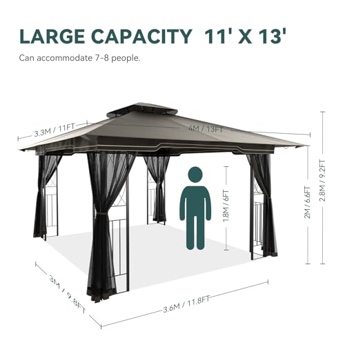 11x13 Outdoor Patio Gazebo with Mosquito Netting and Corner Frame Screen Wall, Double Roofs Metal Frame Party Canopy Tent Shelter for Backyard Garden Deck - Brown