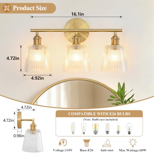 Image of Bathroom Light Fixtures, 3-Light Gold Bathroom Vanity Lights Over Mirror