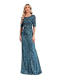 Short Sleeve Glitter Mermaid Evening Dress for Mother of The Bride Patchwork Women's Sequin Formal Gown Teal L