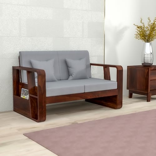 Image of Sheesham Wooden 2 Seater Sofa for Living Room | Solid Wood Sofa with Side Newspaper Holder | Rosewood Sofa Set for Home & Office | Lounge (Walnut Finish, 2 Seater)