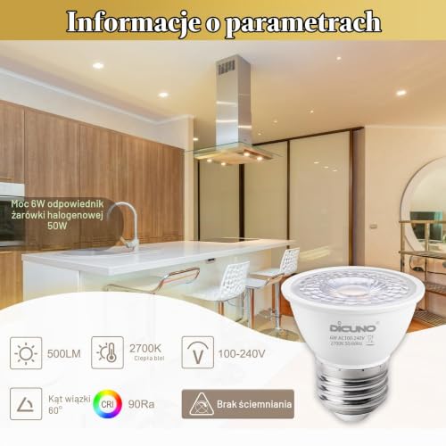 DiCUNO Żarówka LED E27 PAR16, 6W zastępuje reflektor halogenowy 50W, ciepła biel 2700K, 500lm, nieściemnialna, CRI 90, żarówka LED MR16, kąt wiązki 60°, 6 sztuk