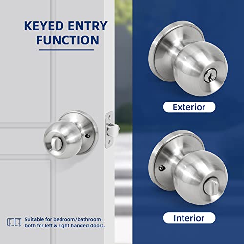 Loqron Ball Door Knob Entry Function Door Knob, Keyed Entry Door Knob With Lock, Round Ball Handle For Front Door Right And Left Side, Satin Nickel,1Pack #TOP3