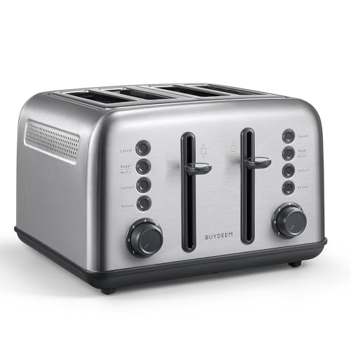 Image of BUYDEEM DT640 Retro 4 Slice Toaster, 7 Shade Settings, Extra Wide 1.5'' Slots, Stainless Steel Toaster with Bagel Muffin Defrost Reheat Function, Retro Silver