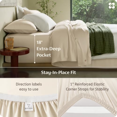 Image of Bedsure 100% Organically Grown Bamboo Viscose Queen Sheet Set | Cooling Bedsheets for Hot Sleepers | Luxury Silky Soft PureWoven | 18 inch Deep Pocket with Corner Straps | Oeko-Tex Certified [Beige]