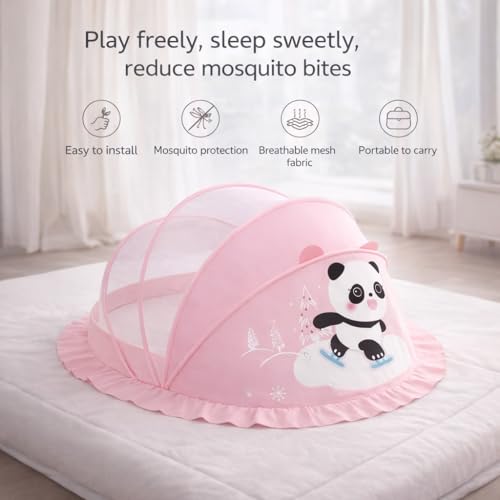 Image of Mosquito Net for Baby (Pink) | Panda Print | Breathable Bottomless Net for Infants | Comfortable & Easy to Use | 135 x 65 x 65 cm
