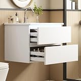 Gecheer Lavabo a Parete 61×46×45 cm, Finitura Laccata di Alta qualità, con Luce LED a sensore Radar, 2 cassetti con Guide silenziose, lavabo Integrato, Design Minimalista, Bianco