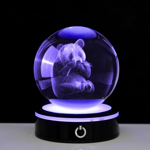 MysticGlitz 3D Panda Crystal Ball Figurine,3.15inch/80mm Animal Figurines with Coloful LED Base Laser, Home Decorative Ball Night Light Ornament for Bedroom