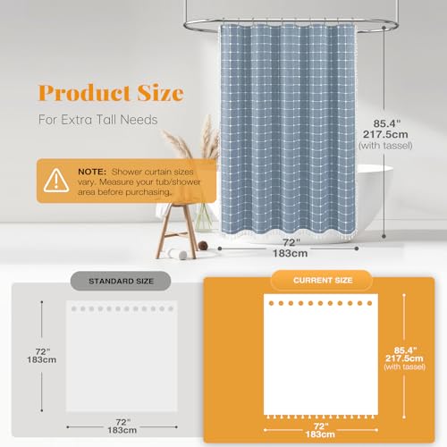 Image of BTTN Extra Long Shower Curtain - 72x84 Inch Long Boho Chic Tassel Linen Fabric Shower Curtain Set with Hooks, Tall Modern Farmhouse Elegant Heavy Duty Thick Cloth Shower Curtains for Bathroom - Blue