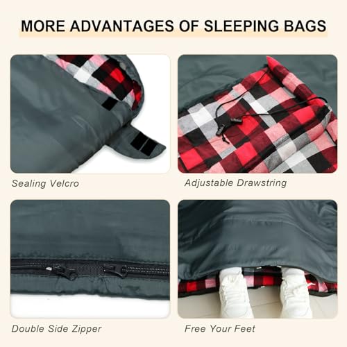 Image of Double Sleeping Bag Flannel for Adults with 2 Pillows 2 Person Sleeping Bags Camping XXL Queen Size Two Person Sleeping Bag for Cold Weather