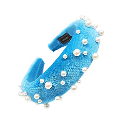 Womens Padded Headbands Velvet Pearl 90s Black Hair Accessories Statement Fashion Retro Grace Elegant Wide Plastic Hairbands For Woman (sky blue)