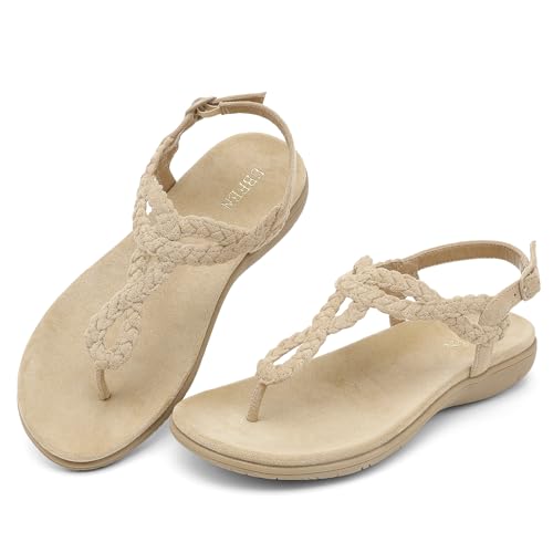 Image of UBFEN Womens Flat Sandals Dress Braided T-Strap Thong Sandals with Arch Support Comfortable for Walking