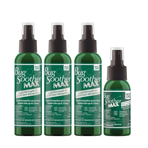 Bug Soother® MAX Natural Tick & Mosquito Repellent Spray – DEET-Free Extra Strength Outdoor Bug Protection, Plant-Based Formula – Made in USA (3ct 4 oz Bottles + 1 oz Bonus)