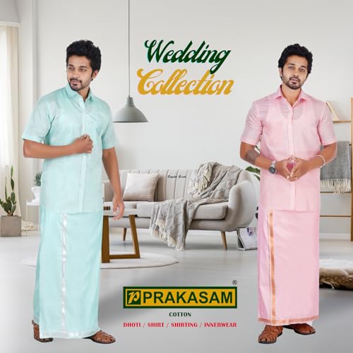 Image of PRAKASAM COTTON-Mens Art Silk Wedding Set /Art Silk 8 Mulam (8-Yard) Dhoti and Stitched Shirt for mens