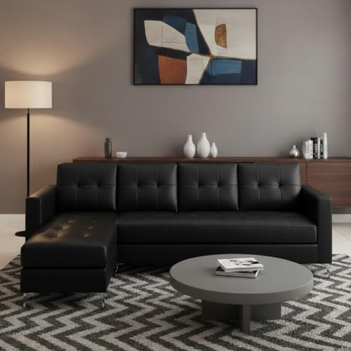Image of CASASTYLE Madison 5 Seater Leatherette LHS L Shape Sofa Set (Black) Premium Finish | Ideal for Living Rooms