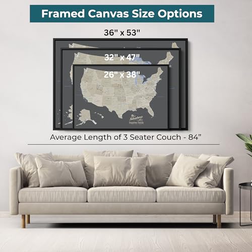 Image of United States Travel Map with Pins - Earth Tone USA Pinnable Map to Track Travels - Large Canvas Wall Art Gift for Travelers - Brown Float Frame - 30 inch x 45 inch