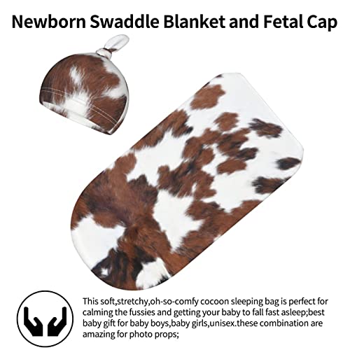 Brown Cow Print Baby Stuff New Born Swaddle Cowhide Baby Blanket Sleep Sack Soft Stretchy Transition Baby Swaddle Wrap Receiving Blankets With Beanie Hat Sets Gifts For 0-6 Month Boy Girl And Infant #TOP5