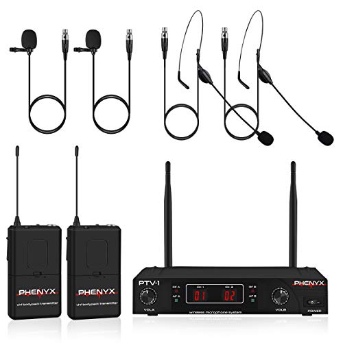 Phenyx Pro Wireless Microphone System, VHF Cordless Mic Set with 2 Headsets+2 Lapels+2 Bodypacks, Easy Setup, Interference-Free, Best for Presentation, Interview, Church, Weddings (PTV-1D)