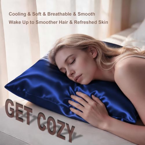 Image of LYSHIN Silk Pillow Cases 2 Pack Queen Size with Zipper, Royal Blue | 19 Momme Mulberry Silk Pillowcase for Skin and Hair, Anti-Acne, Hypoallergenic, Cooling, Beauty Sleep, Gifts for Women