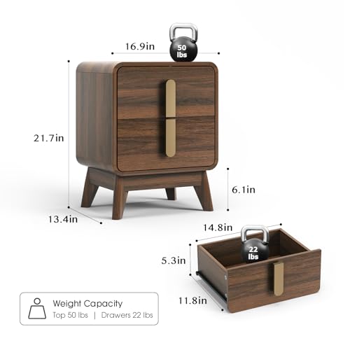 Image of JOINICE Mid Century Modern Night Stand Set of 2 for Bedroom, Walnut | Bed Side Table with Storage for Living Room, Bedroom, Walnut Veneer Finish, 2 Large Drawers with Golden Handles, Accent Piece