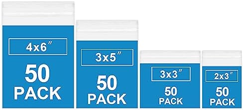 200 Pack Small Plastic Baggies For Jewelry 4 Assorted Sizes. 2x3 3x3 3x5 4x6 Inch 2 Mil Thick Poly Zipper Lock Bags for Jewelry, Bead, Toy Piece, Pill, Snack Storage. Food Grade Safe PP Plastic Resealable.