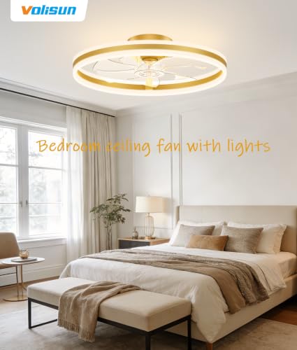 Image of VOLISUN Low Profile Ceiling Fans with Lights and Remote, 24in Flush Mount Ceiling Fans with Light, 3000K-6500K Dimmable Fandelier LED Fan Light, Gold Bladeless Ceiling Fans with Lights for Bedroom