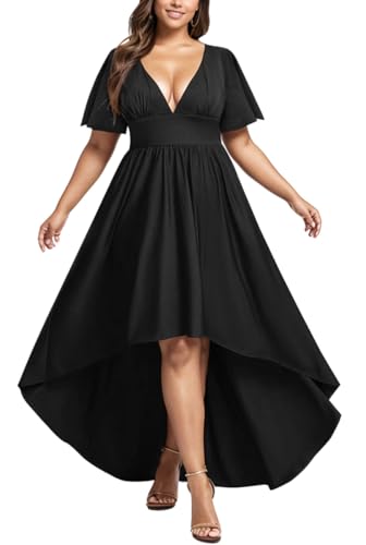 Image of Elegant Dresses Formal Evening Cocktail Long Maxi Wedding Party Dress Sexy V Neck Ruffle Sleeve Hi Low Flowy Gowns