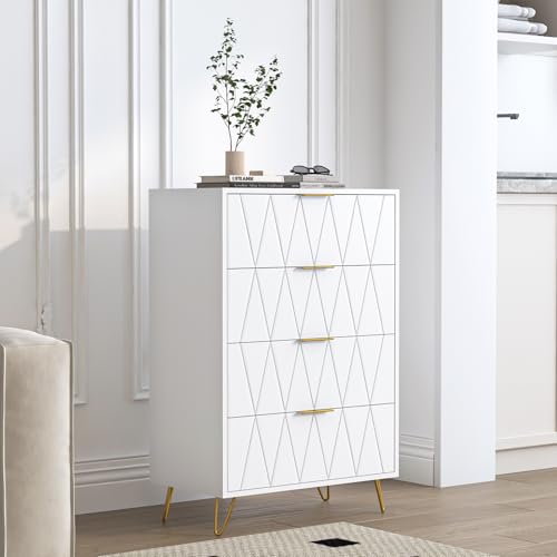 Cómoda blanca con 6 cajones, armario de madera con patas de metal y mango de metal, cómoda estrecha para pasillo, armario auxiliar, armario con cajones para salón, dormitorio, pasillo (blanco, 4