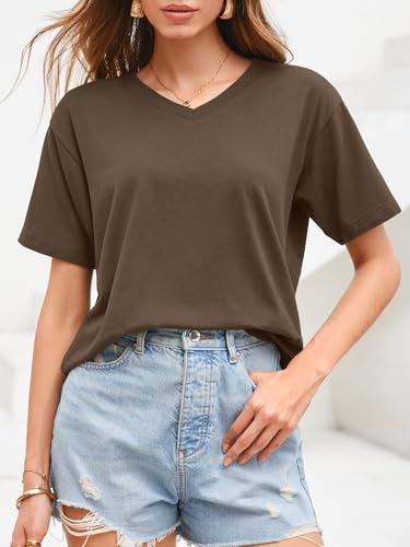UNCLECAT Women Cropped T Shirts Casual Short Sleeve V Neck Crop Tops 2026 Summer Soft Loose Basic Tee Brown — view 4