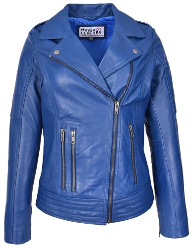 Veste de motard en cuir véritable avec fermeture éclair croisée pour femme, bleu, 48