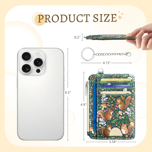 Image of Kelvoris Cute Squirrels Credit Card Holder Small Wallet Women, Slim RFID | Keychain, Zipper Coin Pocket, Front Pocket Thin Travel Card Case, Minimalist, 6 Card Slots, 1 ID Window, Ladies Gifts Woman