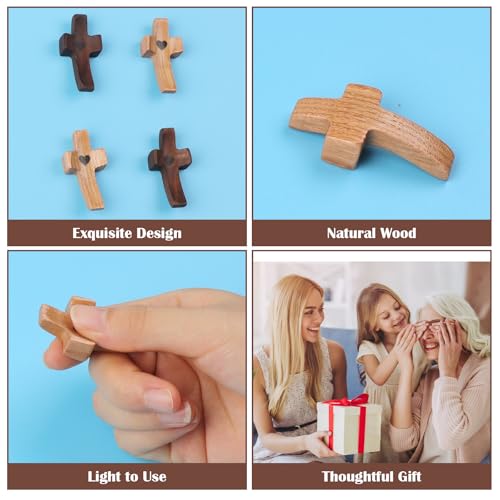 4 Stück Handschmeichler Kreuz,Handgehaltenes Schutzkreuz aus Holz,Walnussholz und Wachsbaumholz Tragbares Gebetskreuz,Hand geschnitztes Herzform Liebeskreuz für Deko Taufe Kommunion Andachtsgebete