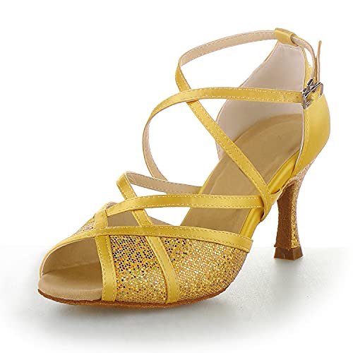 JIAJIA Y20514 Women's Satin Sandals Flared Heel Latin Salsa Performance Dance Shoes Color Gold,Size 5 B(M) US/35 EU