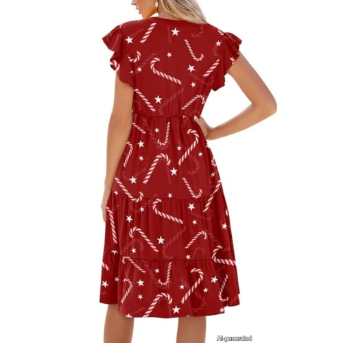 Image of Womens Summer Dress Ruffle Sleeve V Neck Dress Casual Fit Flowy Beach Vacation Sundress with Pocket S-2XL