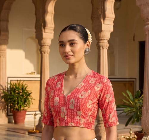 Image of Studio Shringaar Women's Cotton Printed Side Stretch (Smocked) Readymade Saree Blouse
