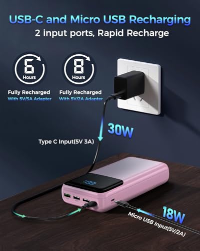 Image of Portable Charger 50000mAh Power Bank, High Capacity External Battery Pack for Camping, USB-C PD 30W Fast Charging Portable Phone Charger for iPhone 17 /16 /15 /14 /13 /12 /11 Samsung Android (Pink)