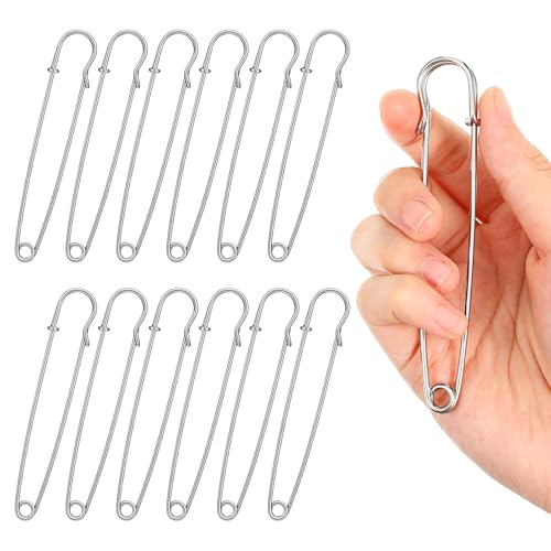 12PCS Large Safety Pins, 4 Inch Metal Heavy Duty Safety Pins, Blanket Pin for Clothes, Blankets, Laundry, Leather, Canvas, Diapers, DIY Crafts and More (Silver)