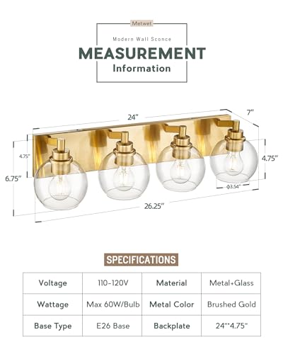 Image of Bathroom Light Fixtures, 4 Light Brushed Gold Vanity Light, 26 Inch Modern Wall Sconces with Globe Clear Glass Shade, Vanity Lighting Fixtures Over Mirror, VL195-BG-CL-4