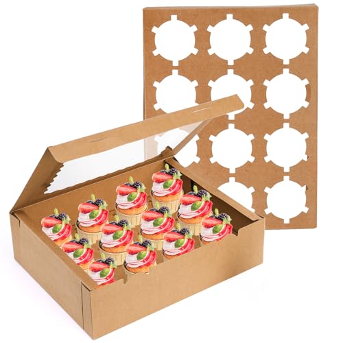 Jucoan 20 Pack Cupcake Boxes, 12 Counts Dozen Cupcake Containers with Window and Insert, Brown Bakery Pastry Treat Boxes for Muffins, Cookies, Donuts, Take Out Containers for Party